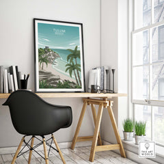 Tulum Wall Art Mexico framed print in a stylish office setting with modern decor and natural light.