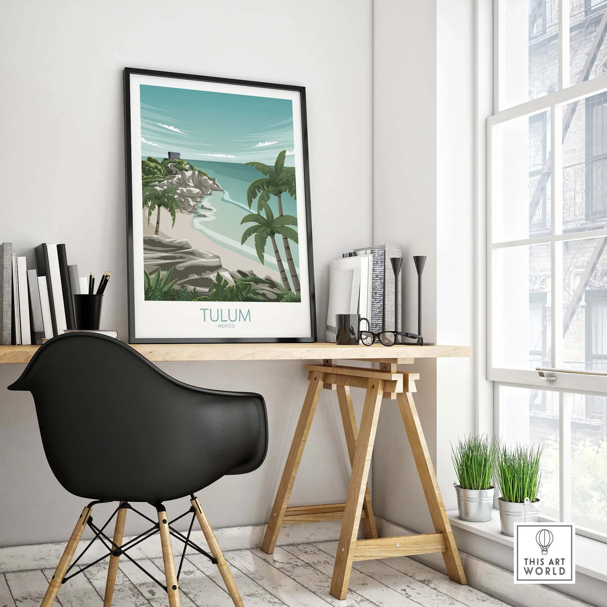 Tulum Art Print Mexico travel poster displayed in a modern office setup with plants and a stylish chair.