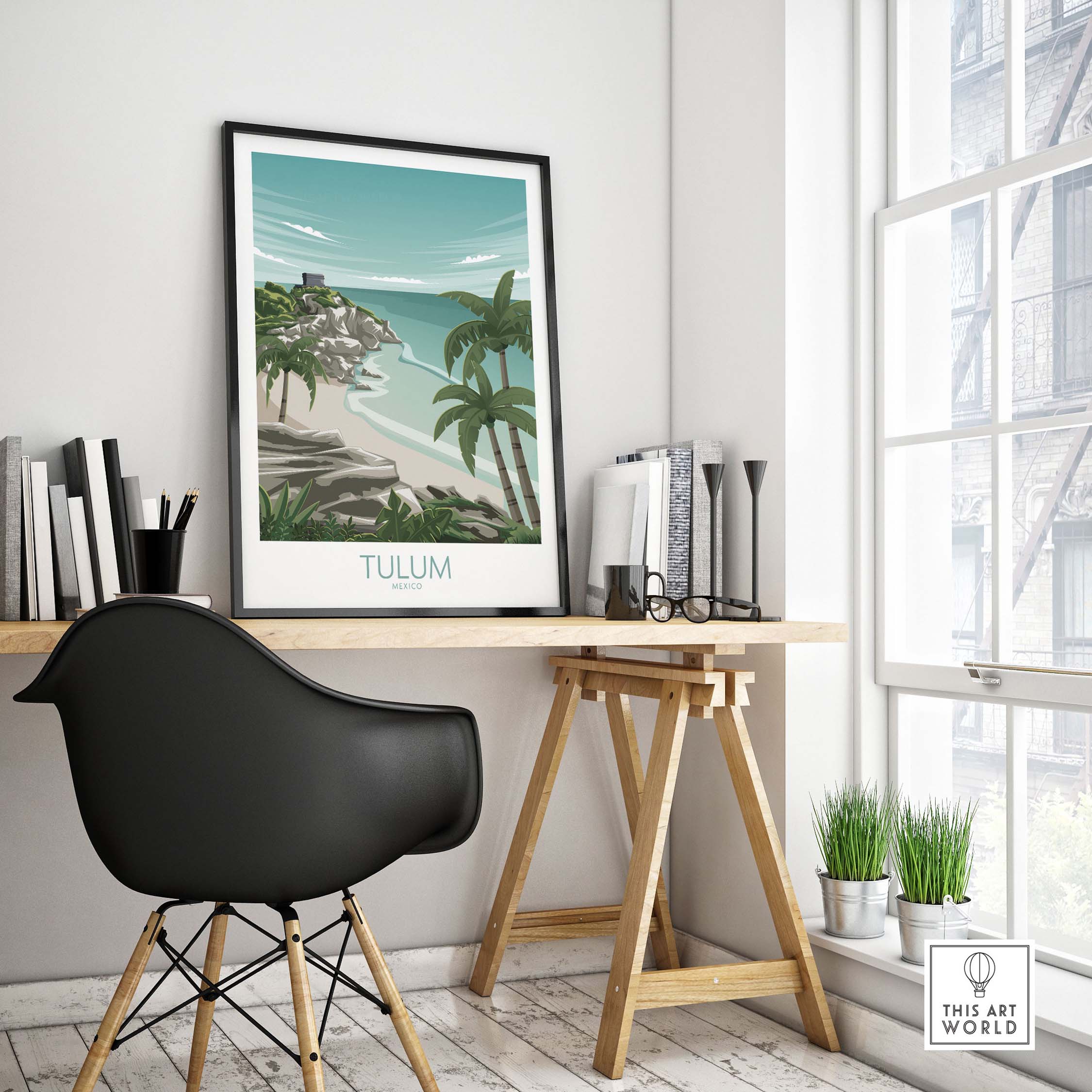 Tulum Art Print Mexico travel poster displayed in a modern office setup with plants and a stylish chair.