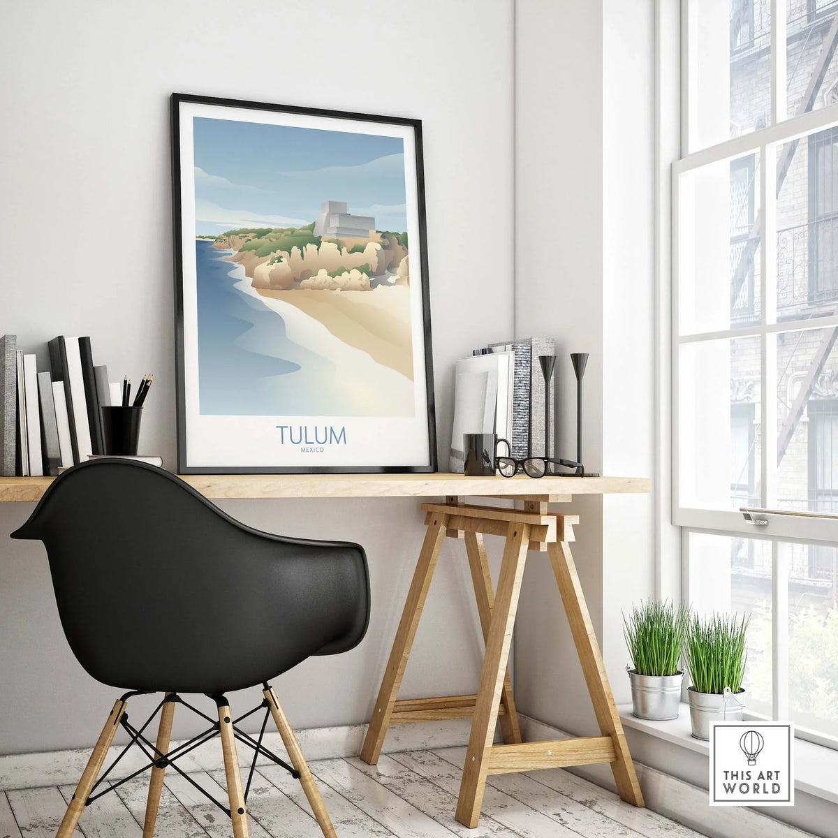 Tulum Mexico wall art print displayed in a stylish workspace, promoting travel wanderlust and vintage design.
