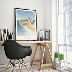 Tulum Mexico wall art print displayed in a stylish workspace, promoting travel wanderlust and vintage design.