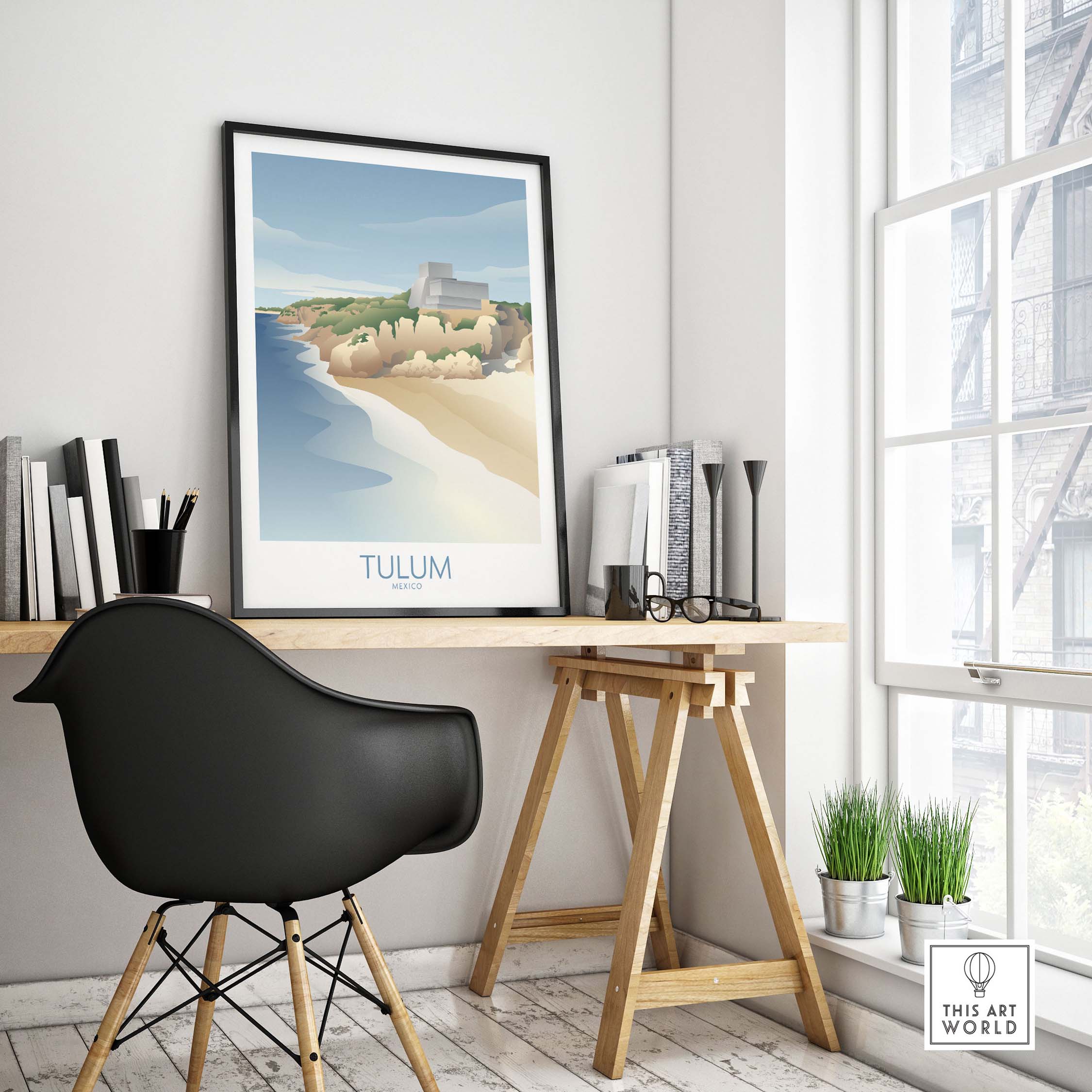 Tulum Mexico wall art print displayed in a stylish workspace, promoting travel wanderlust and vintage design.