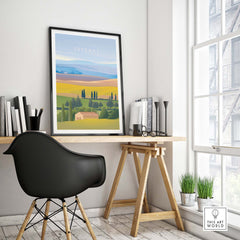 Tuscany Italy wall art poster displayed in a modern workspace with stylish decor and natural light.