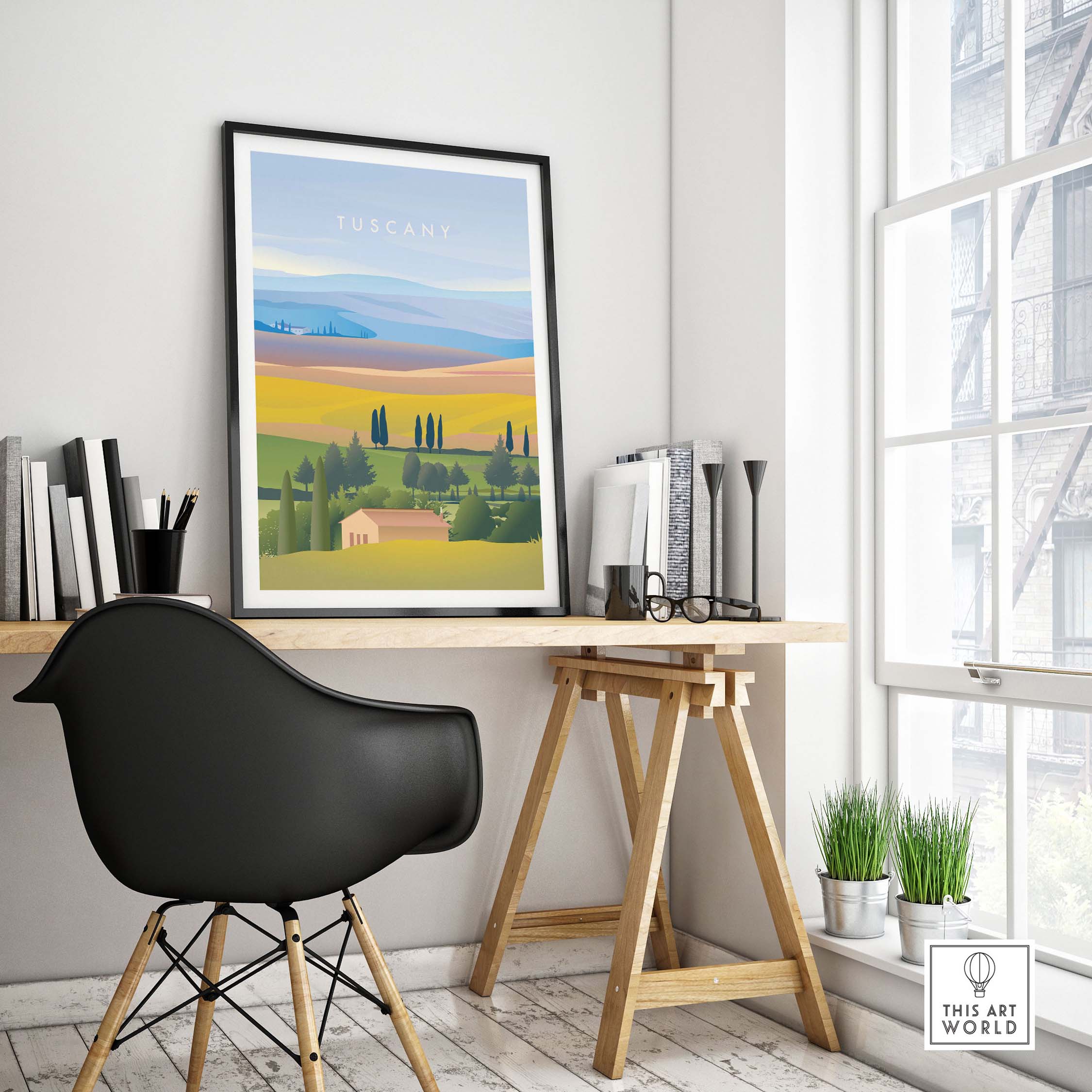 Tuscany Italy wall art poster displayed in a modern workspace with stylish decor and natural light.