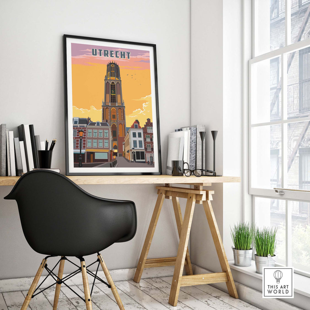 A framed poster of Utrecht on an office desk in the light of a window. The frame is black. 