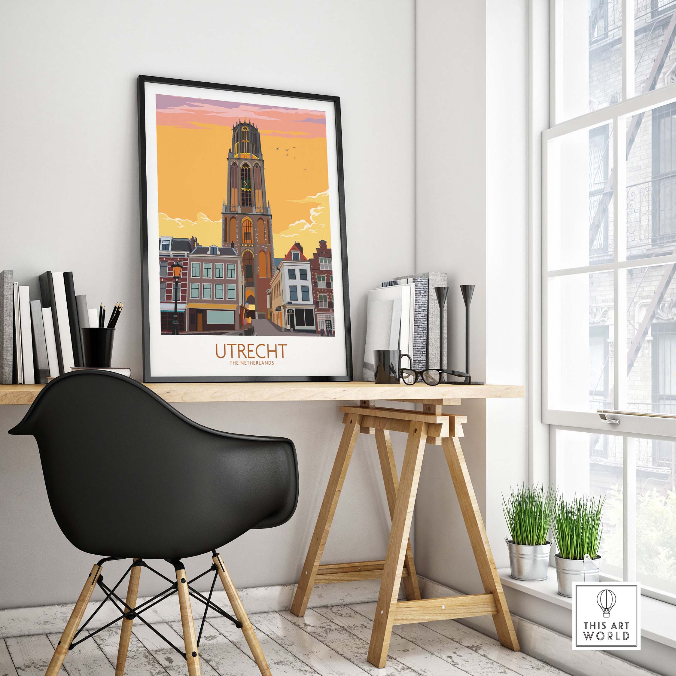 Utrecht Print Poster displayed in a stylish office setting with a modern chair and natural light.