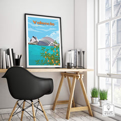 Valencia Wall Art Print featuring the cityscape with oranges, perfect for home or office decor.