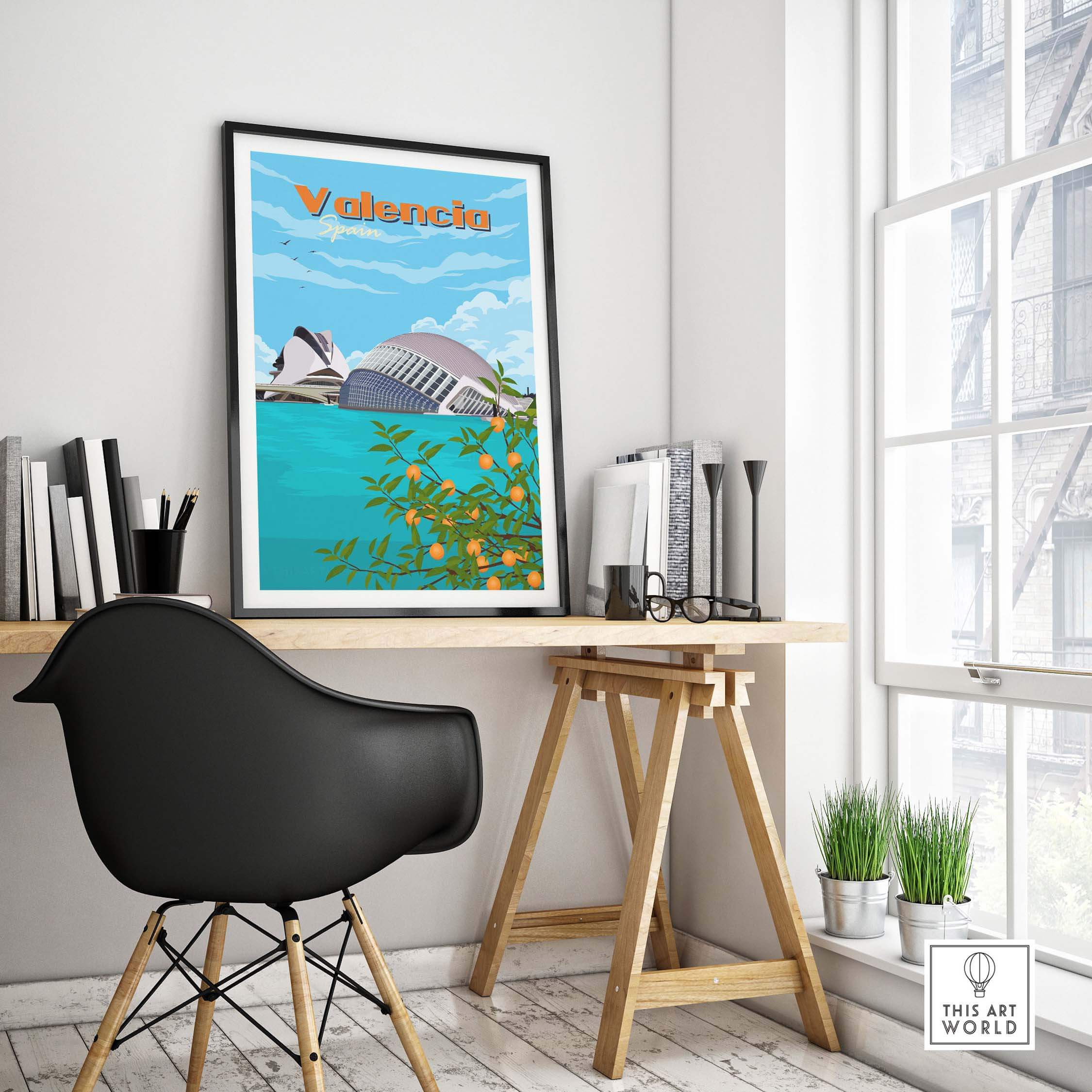Valencia Wall Art Print featuring the cityscape with oranges, perfect for home or office decor.