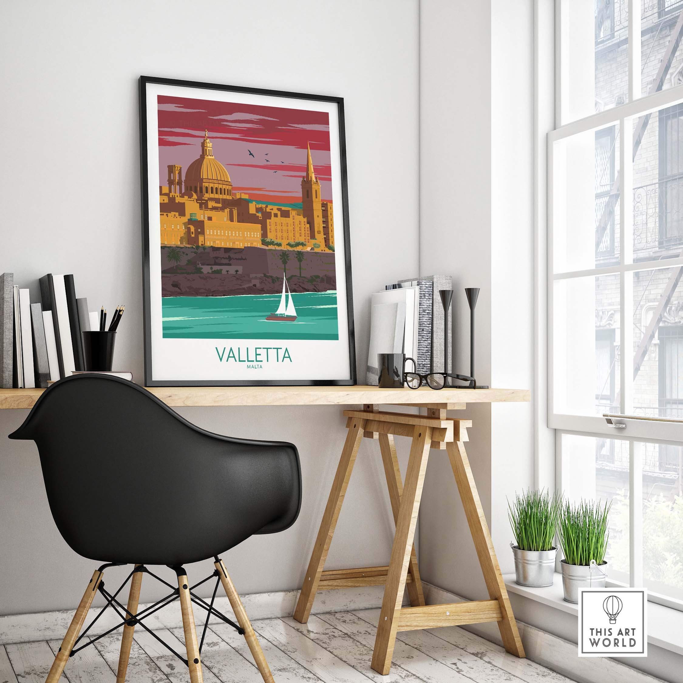 Valletta Print Malta Poster showcasing vintage-inspired artwork in a stylish home office setting.