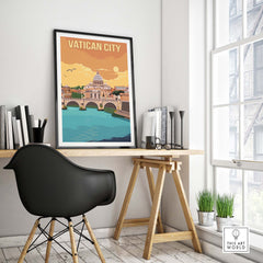 Vatican City vintage travel print displayed in a stylish home office setting with minimalist decor.
