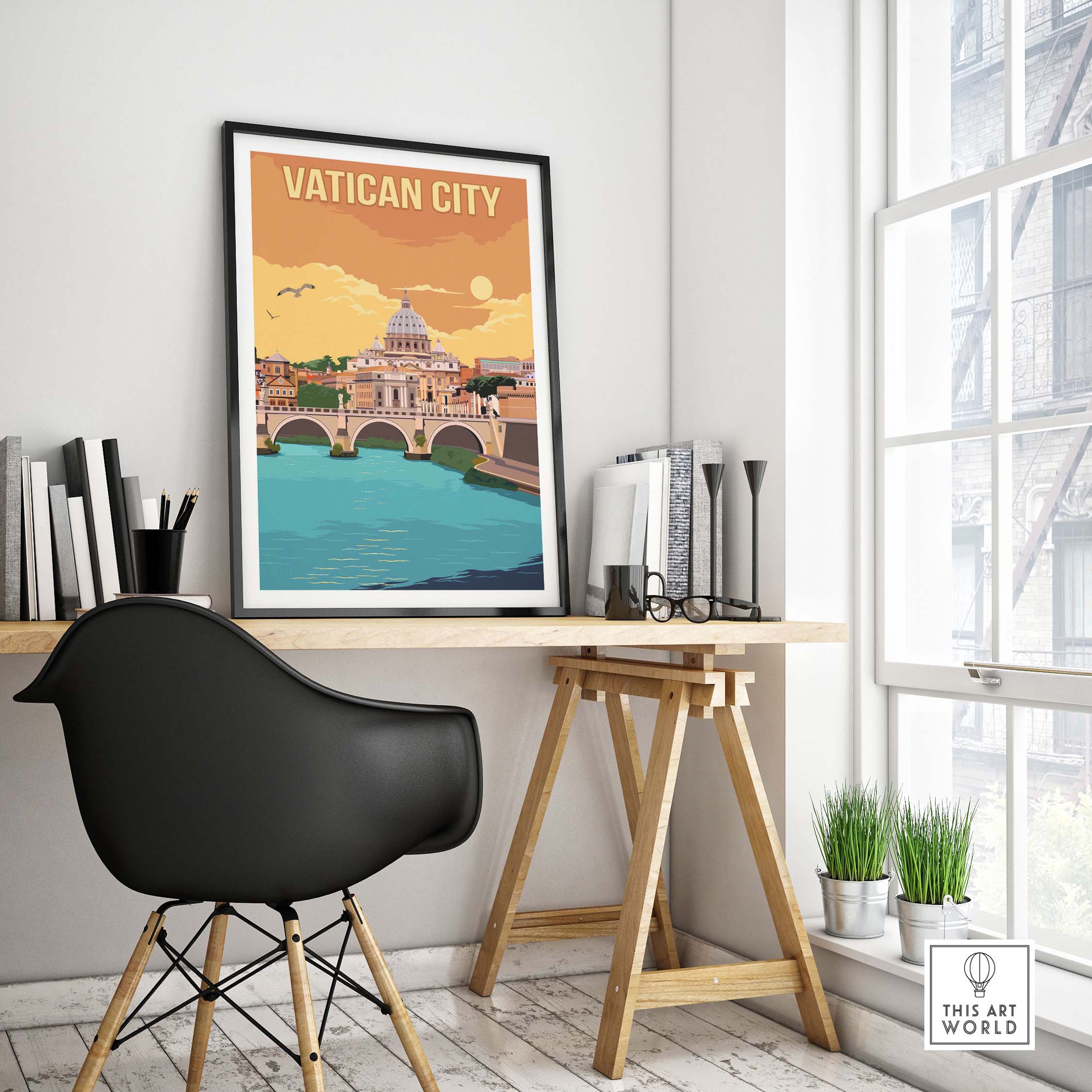 Vatican City vintage travel print displayed in a stylish home office setting with minimalist decor.