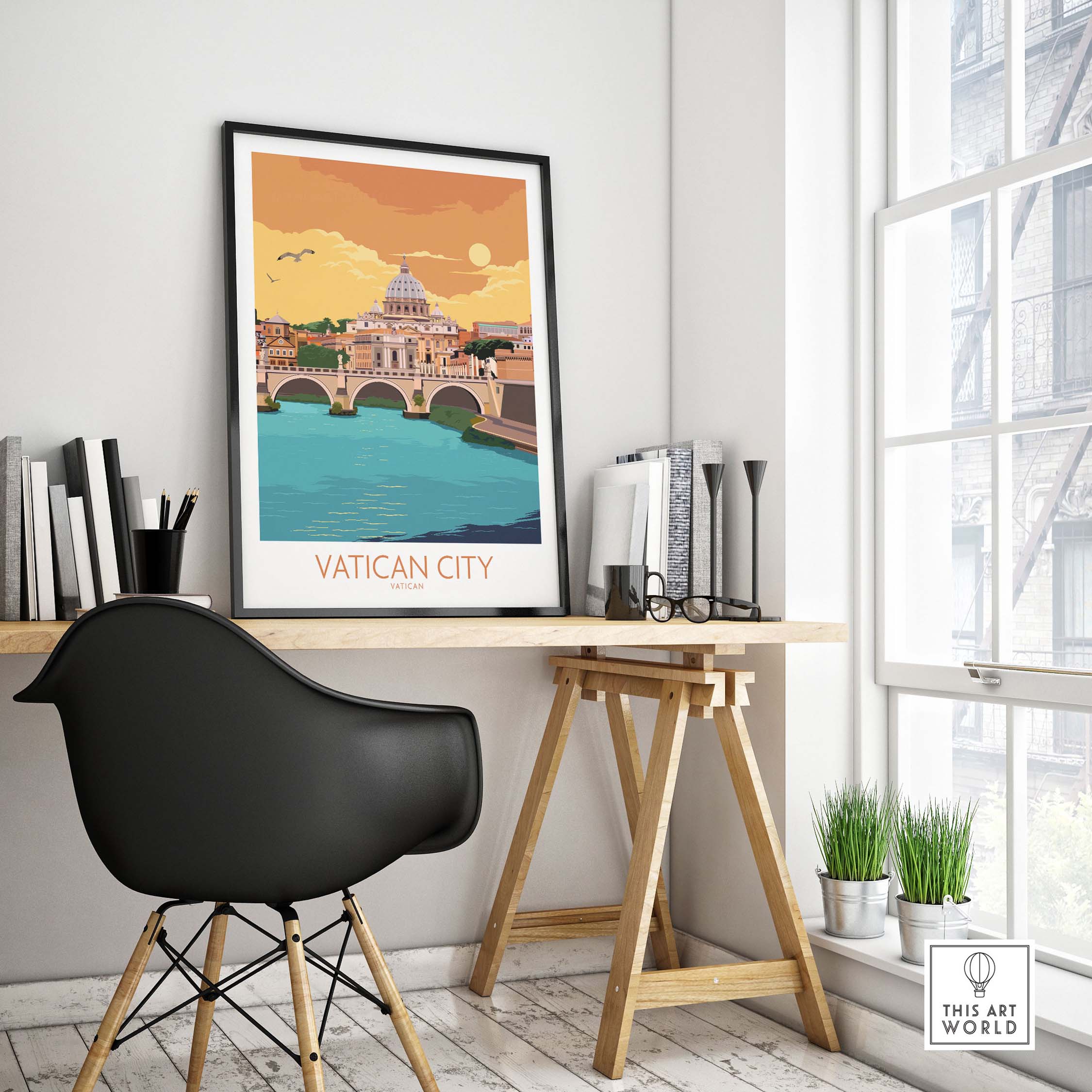 Vatican City vintage travel poster displayed on a stylish desk, showcasing minimalistic art for home decor.