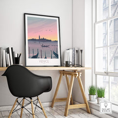 Venice Print Travel Poster in a modern home office setting, showcasing romantic sunset and vintage travel art.
