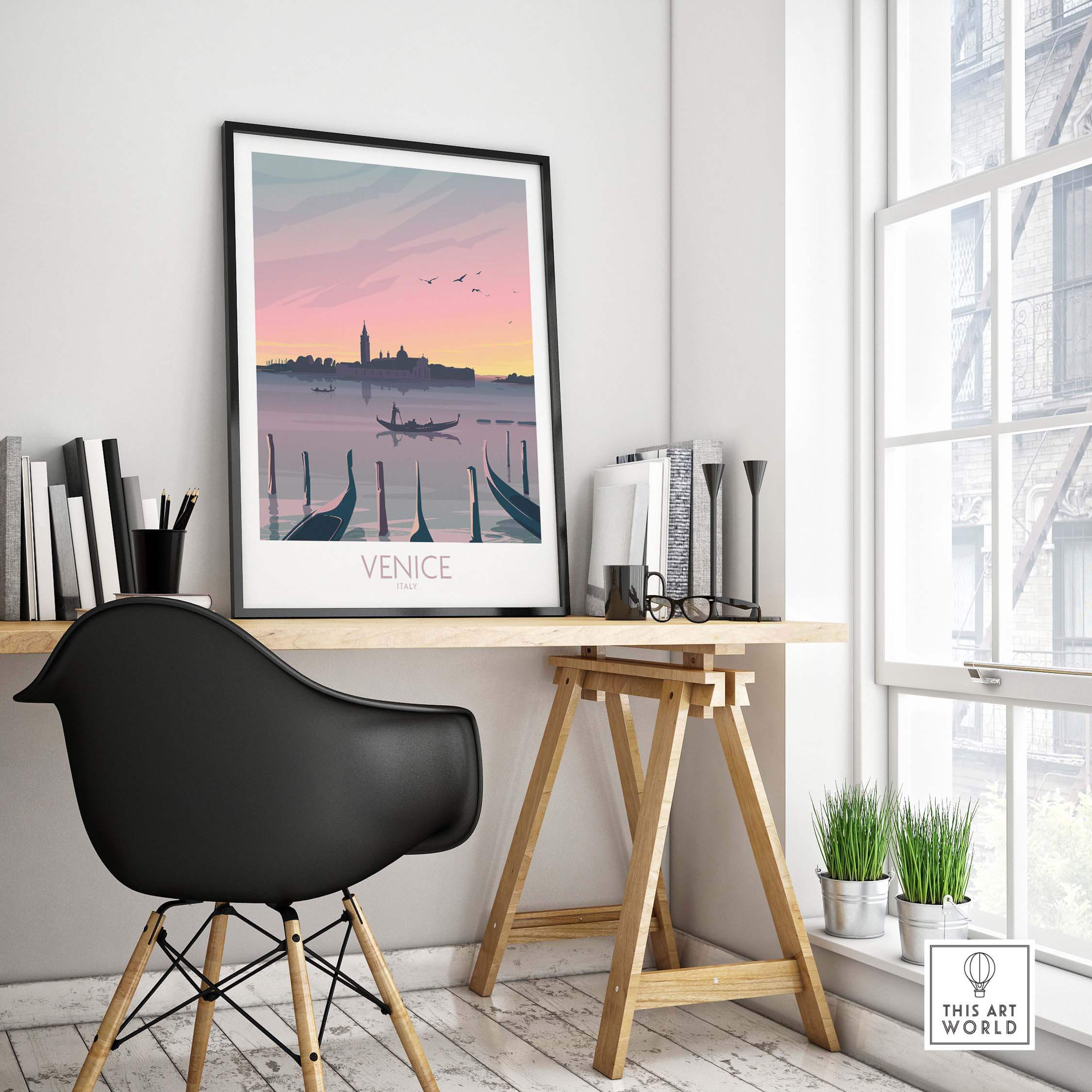 Venice Print Travel Poster in a modern home office setting, showcasing romantic sunset and vintage travel art.