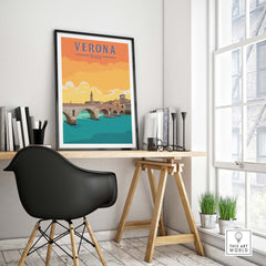 Verona Italy print displayed in a stylish workspace, showcasing vibrant colors and vintage travel poster design.