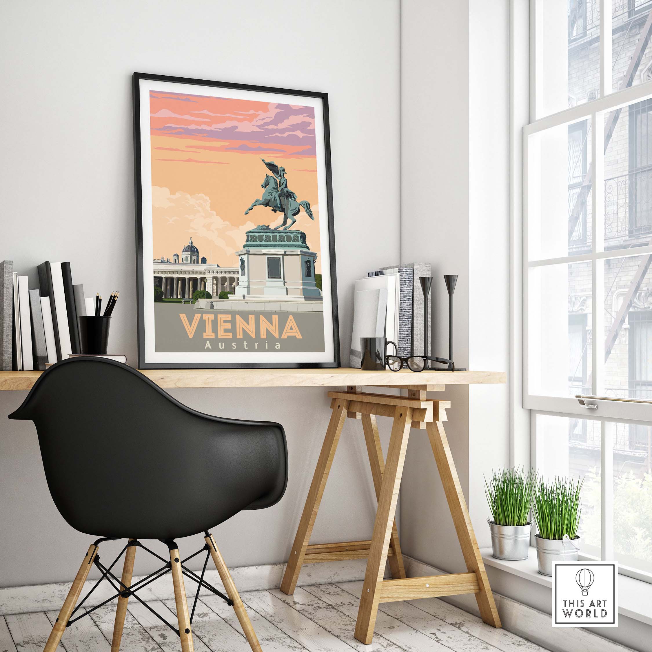 Vienna poster print artwork displayed in a stylish workspace featuring a black chair and wooden desk.