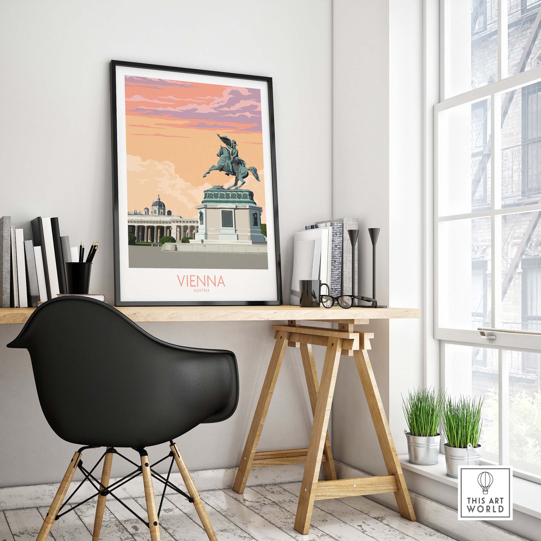 Vienna Print Austria travel poster framed in a modern workspace, showcasing nostalgic design and stylish home decor.