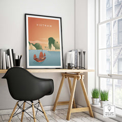 Vietnam wall art poster featuring Ha Long Bay, displayed in a stylish home office setting.