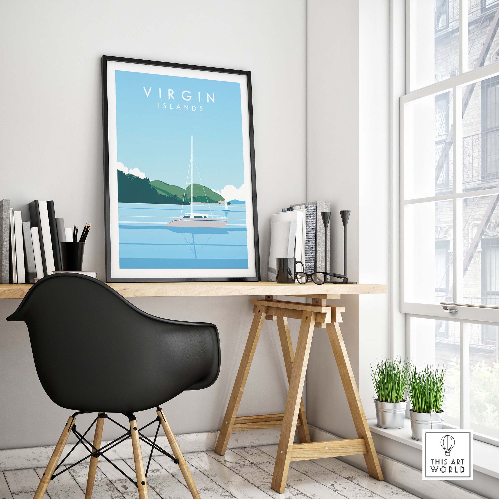 Virgin Islands travel poster print in minimalist style displayed in a stylish home office setting.