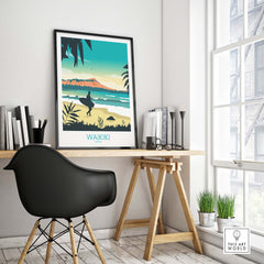 Waikiki Hawaii poster print framed in modern home office, showcasing tropical landscape and vintage travel art.