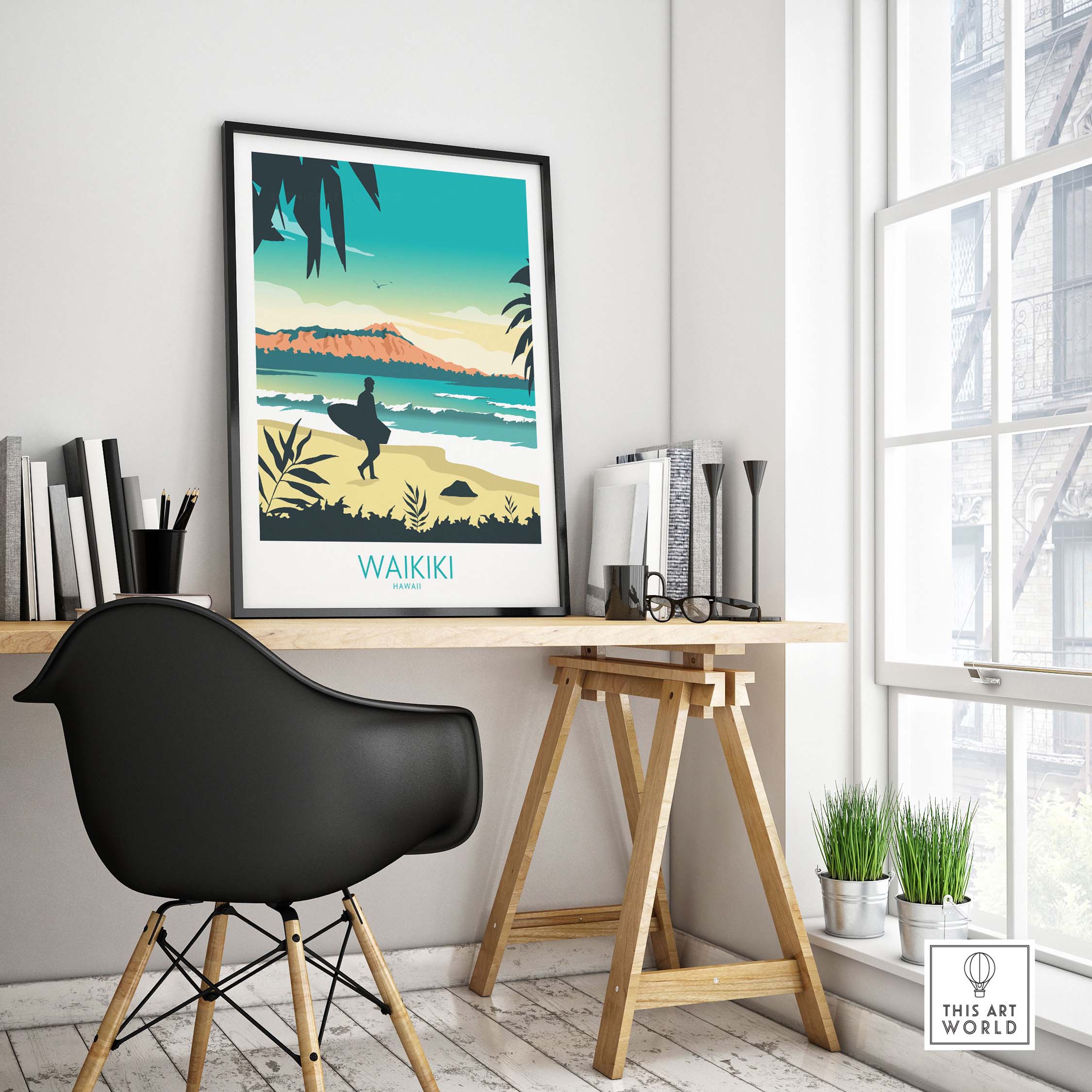 Waikiki Hawaii poster print framed in modern home office, showcasing tropical landscape and vintage travel art.