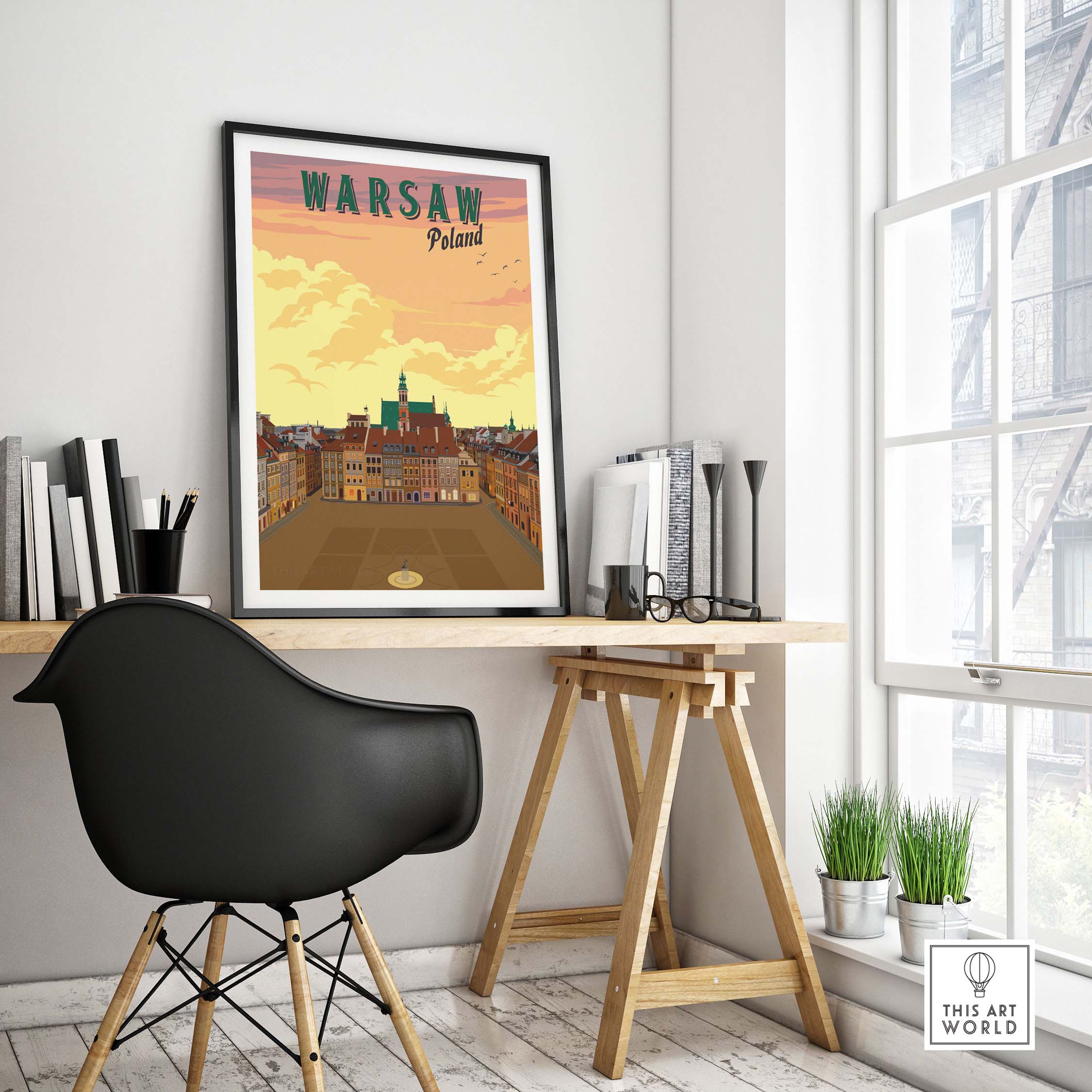 Vintage Warsaw poster in a stylish home office setting, showcasing Poland's beautiful architecture and travel nostalgia.