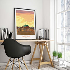 Stylish Warsaw Print Poland Poster showcased in a modern home office setting, featuring vintage travel art.