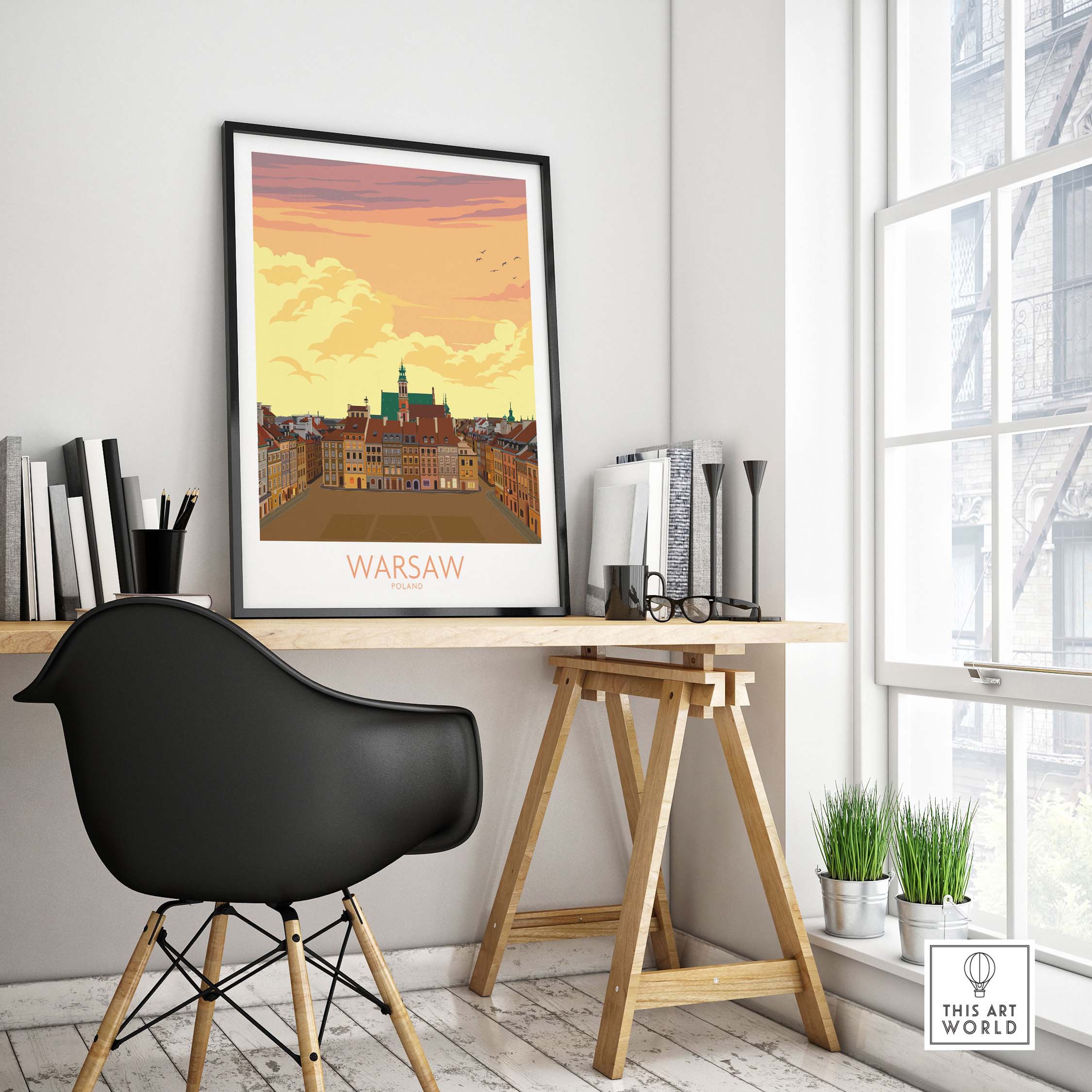 Stylish Warsaw Print Poland Poster showcased in a modern home office setting, featuring vintage travel art.