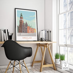 Wroclaw Print Poland Travel Poster displayed in a stylish home office setting with wooden desk and black chair.