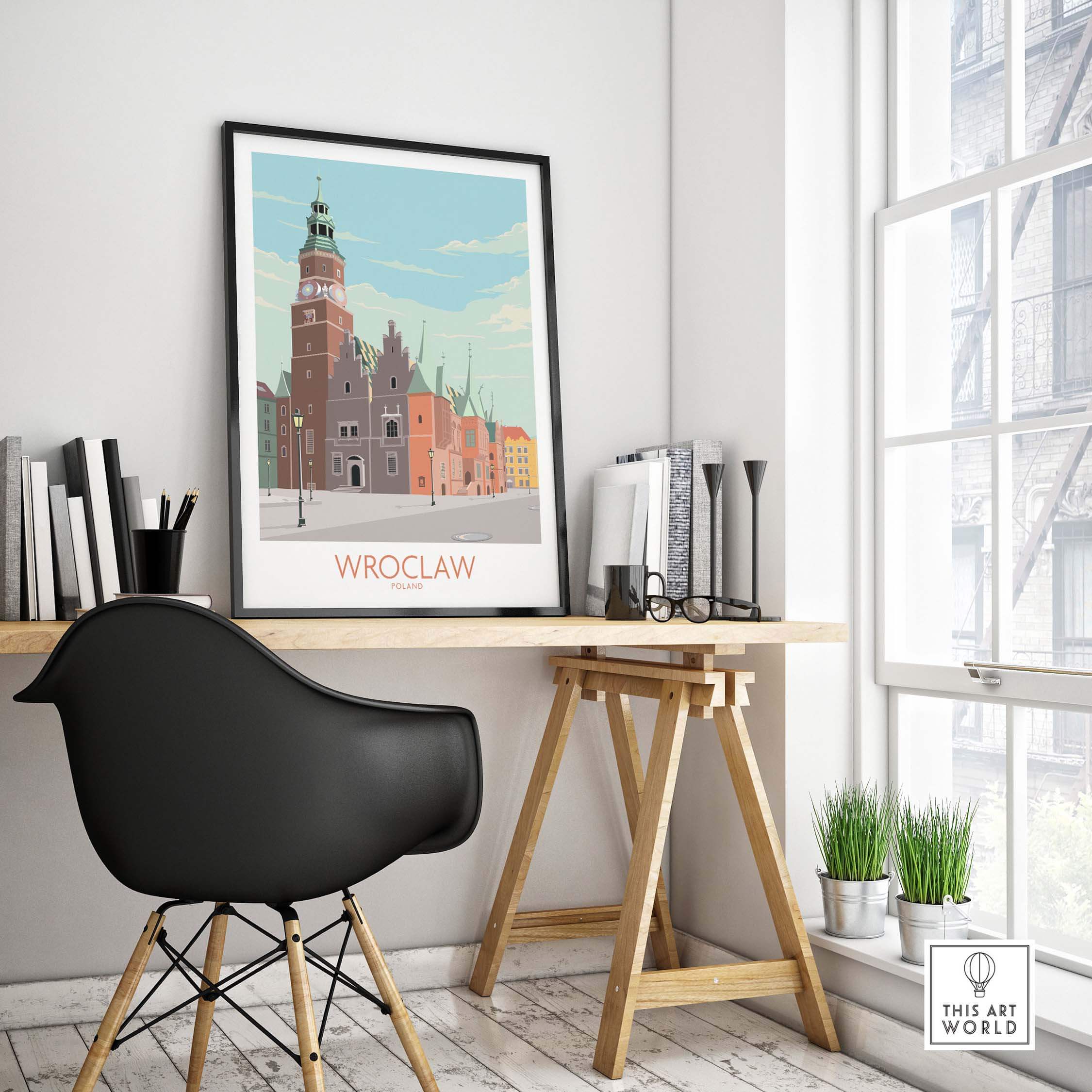 Wroclaw Print Poland Travel Poster displayed in a stylish home office setting with wooden desk and black chair.