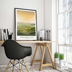 Yorkshire Dales National Park poster in a stylish home office setting, showcasing modern minimalist wall art.