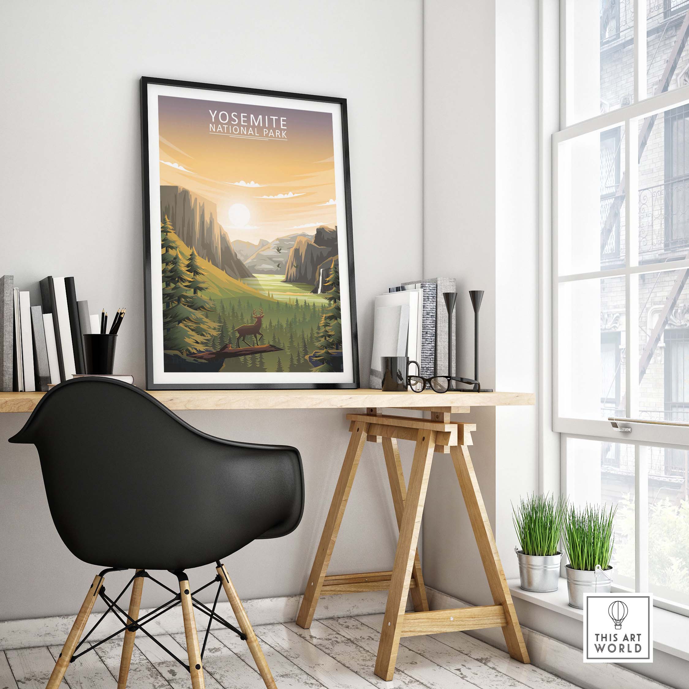 Yosemite National Park poster displayed in a stylish office setting, showcasing nature-inspired minimalist art.