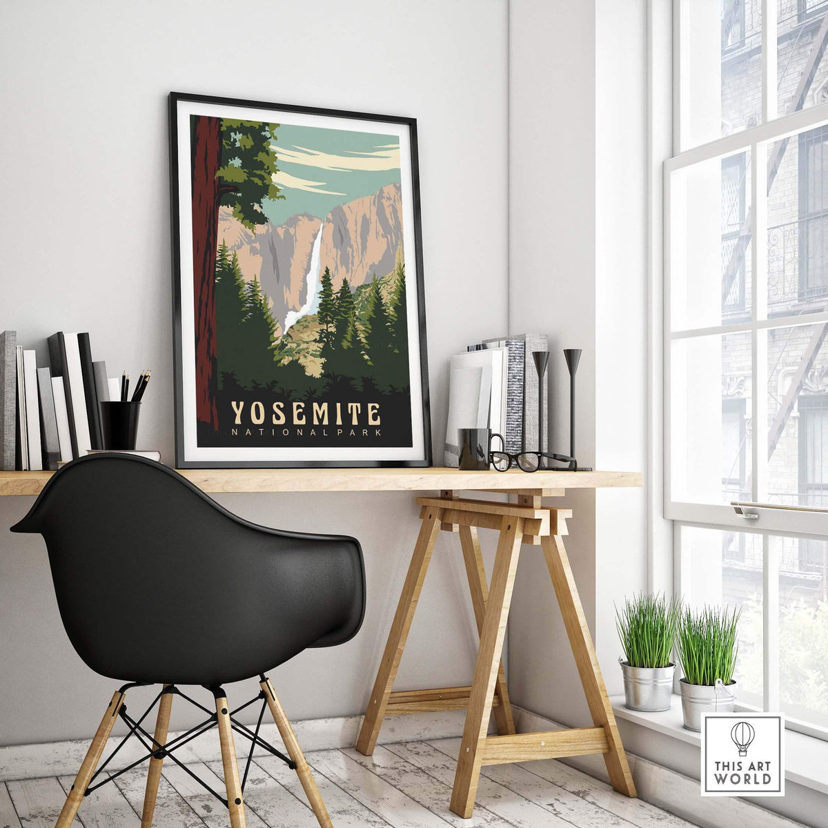 Yosemite National Park Print displayed in a stylish office setting, showcasing vintage-inspired wall art.