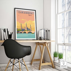 Zaragoza Spain Print framed on wall above desk, showcasing vintage travel art for home or office decor.
