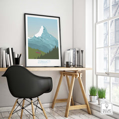 Zermatt Poster featuring Matterhorn Peak displayed in a stylish office setting with modern decor.