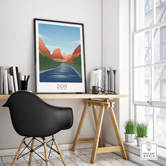 Zion National Park Art Print displayed in a stylish office with minimalist decor and natural light.