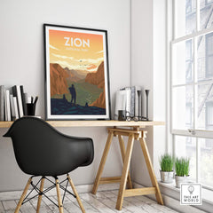 Zion National Park poster displayed in a stylish workspace, showcasing minimalist travel art.