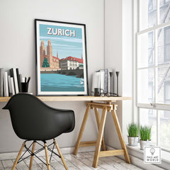 Zurich Switzerland travel poster print displayed in minimalist workspace, evoking wanderlust and stylish decor.