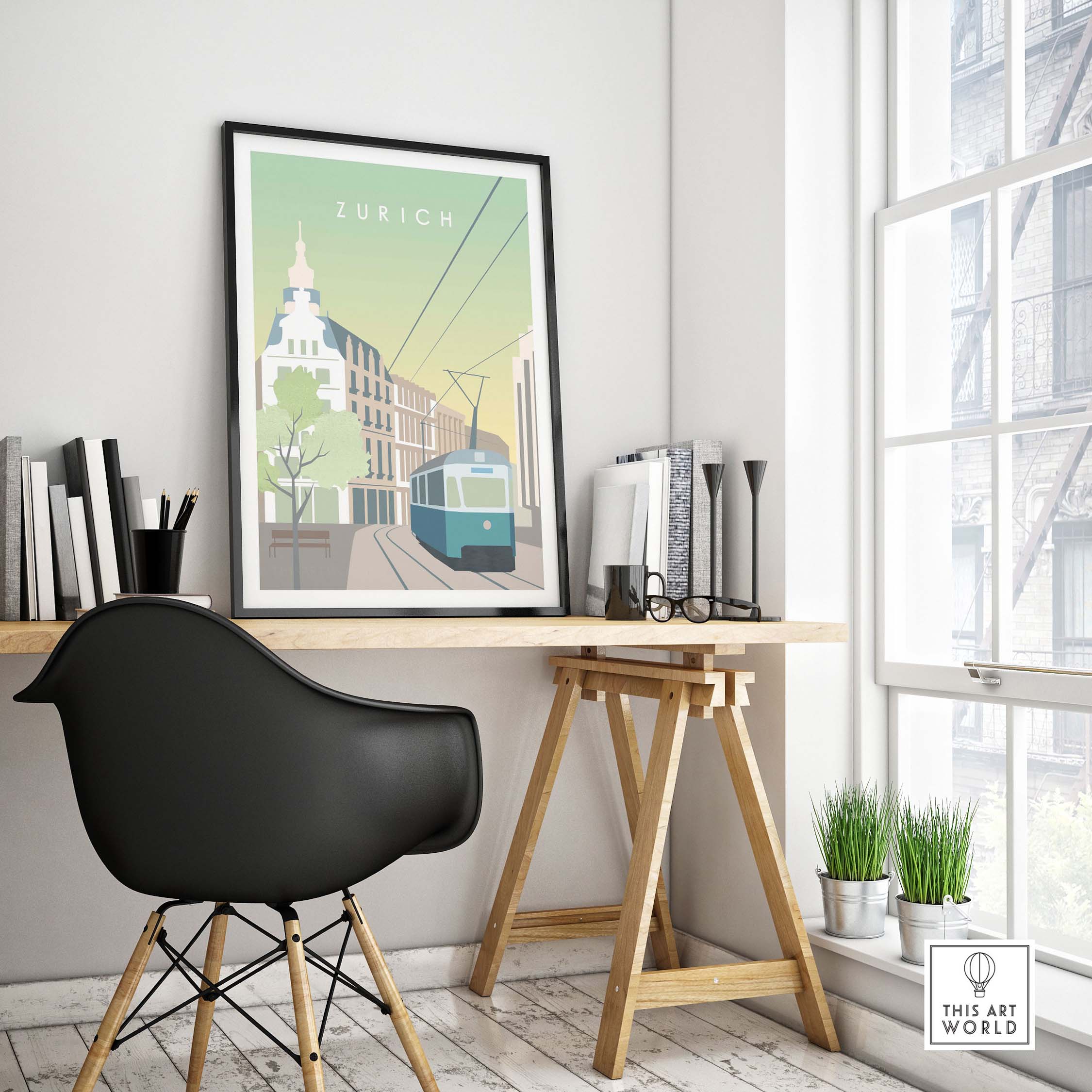 Zurich Print Wall Art Poster in modern office decor with stylish chair and natural light, capturing Swiss travel nostalgia.