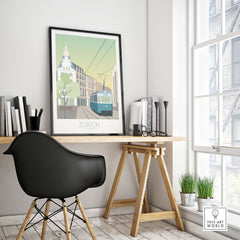 Zurich Print Travel Poster displayed in a modern workspace, showcasing vintage travel art inspiration.