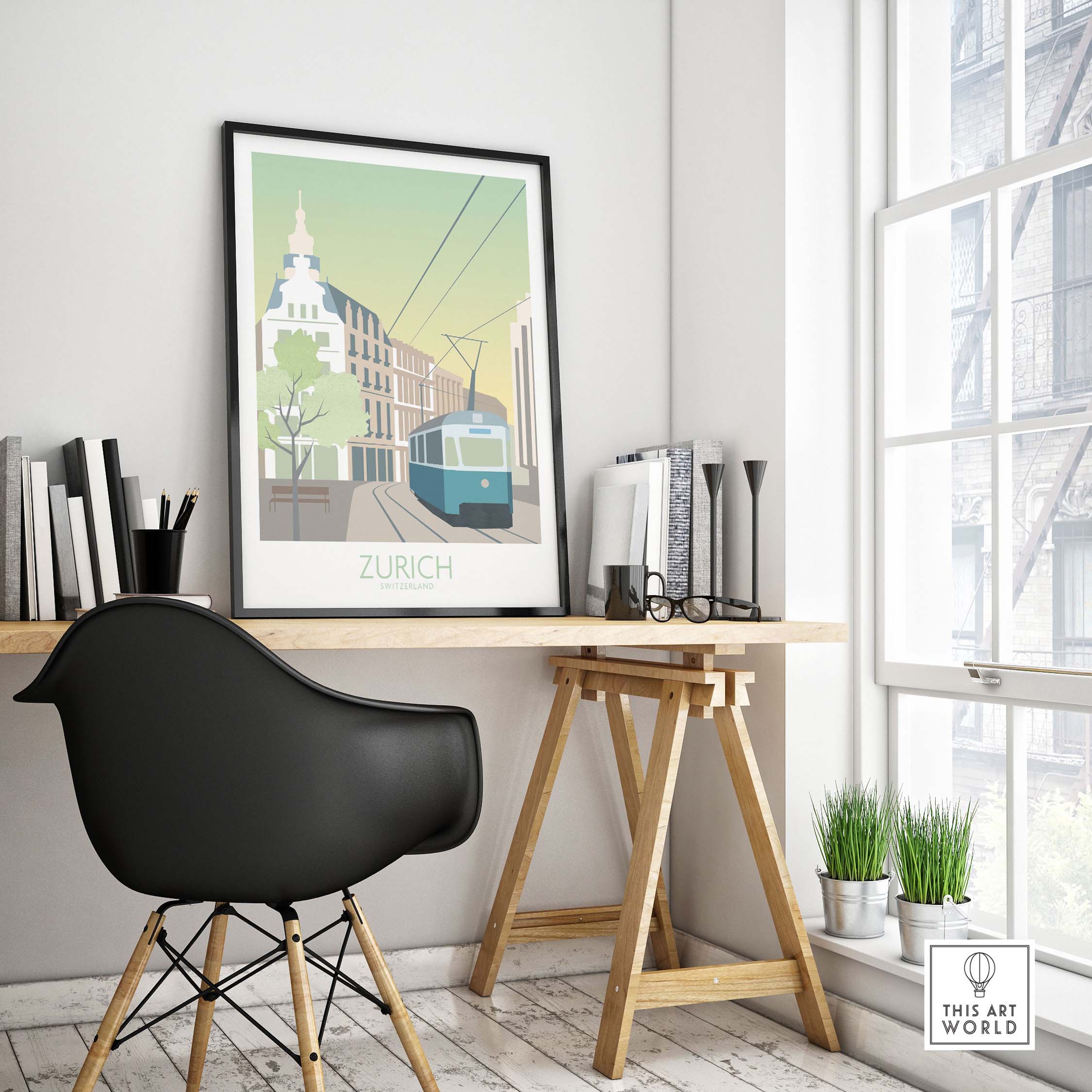 Zurich Print Travel Poster displayed in a modern workspace, showcasing vintage travel art inspiration.