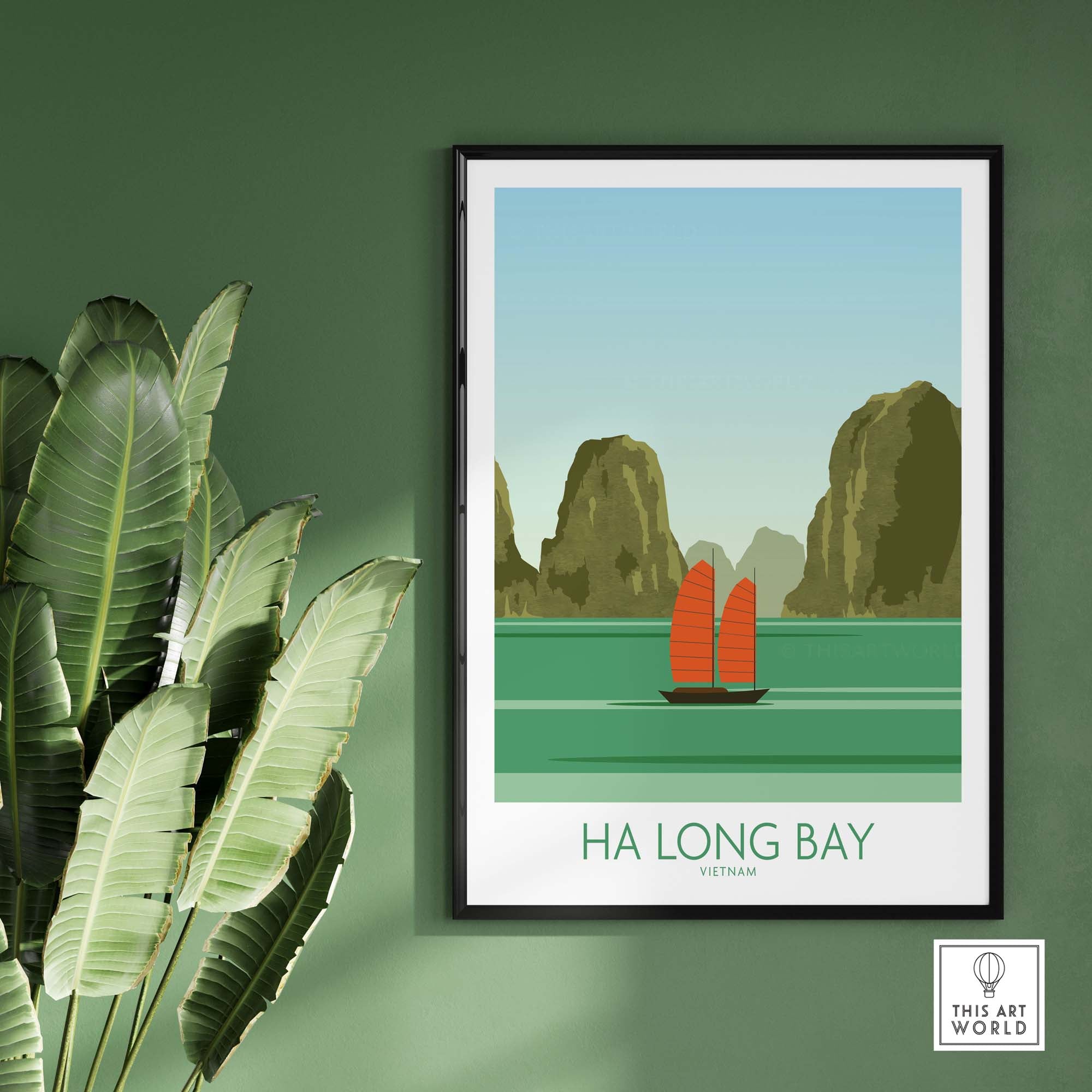 Framed Ha Long Bay print featuring a boat and limestone cliffs, perfect for home or office decor.