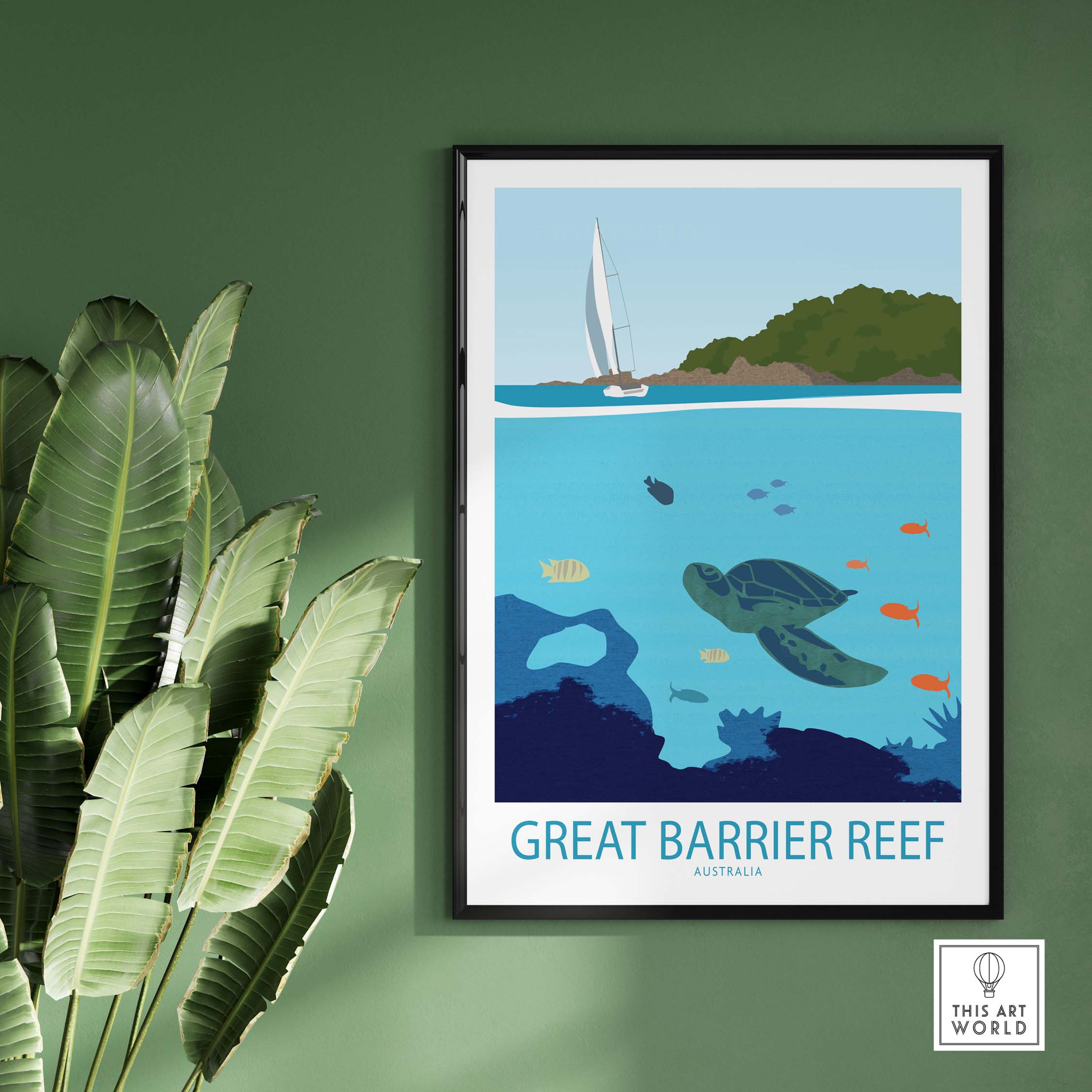 Great Barrier Reef Poster featuring turquoise waters, vibrant marine life, and a minimalist design, perfect for travel lovers.