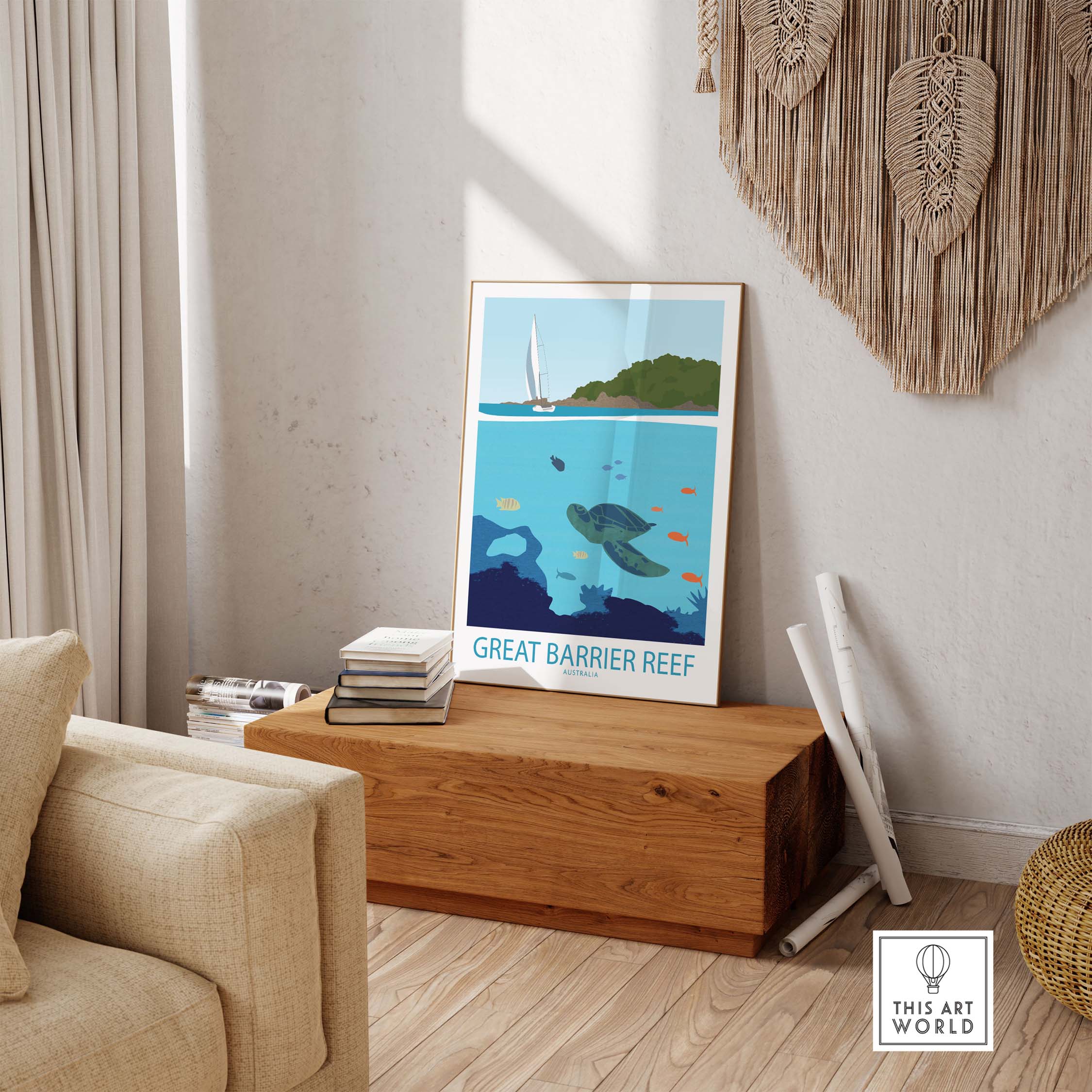Great Barrier Reef poster displayed in a stylish living room, showcasing ocean life in a minimalist art style.