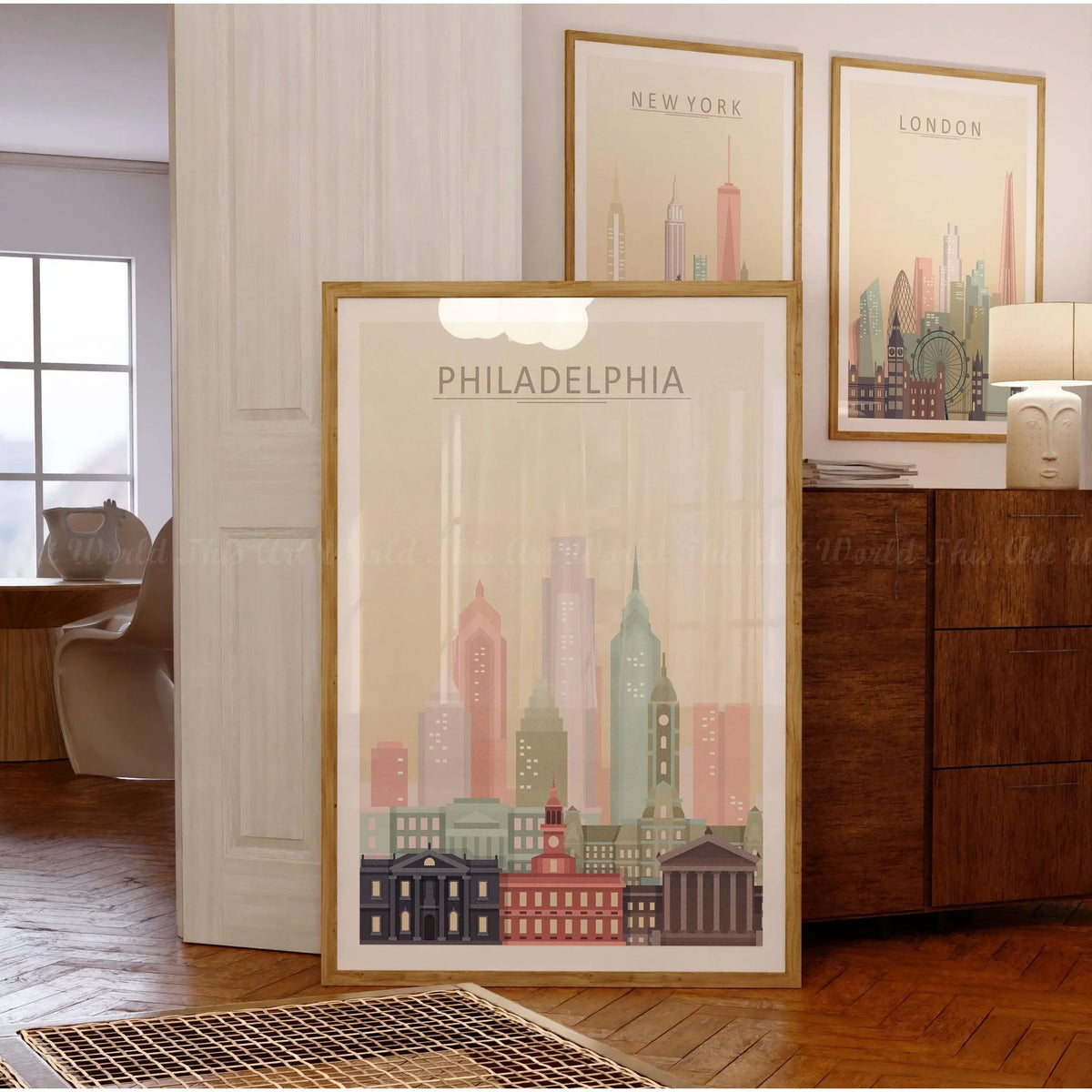 Philadelphia Skyline Poster featuring pastel cityscape wall art in a stylish frame, perfect for home or office decor.