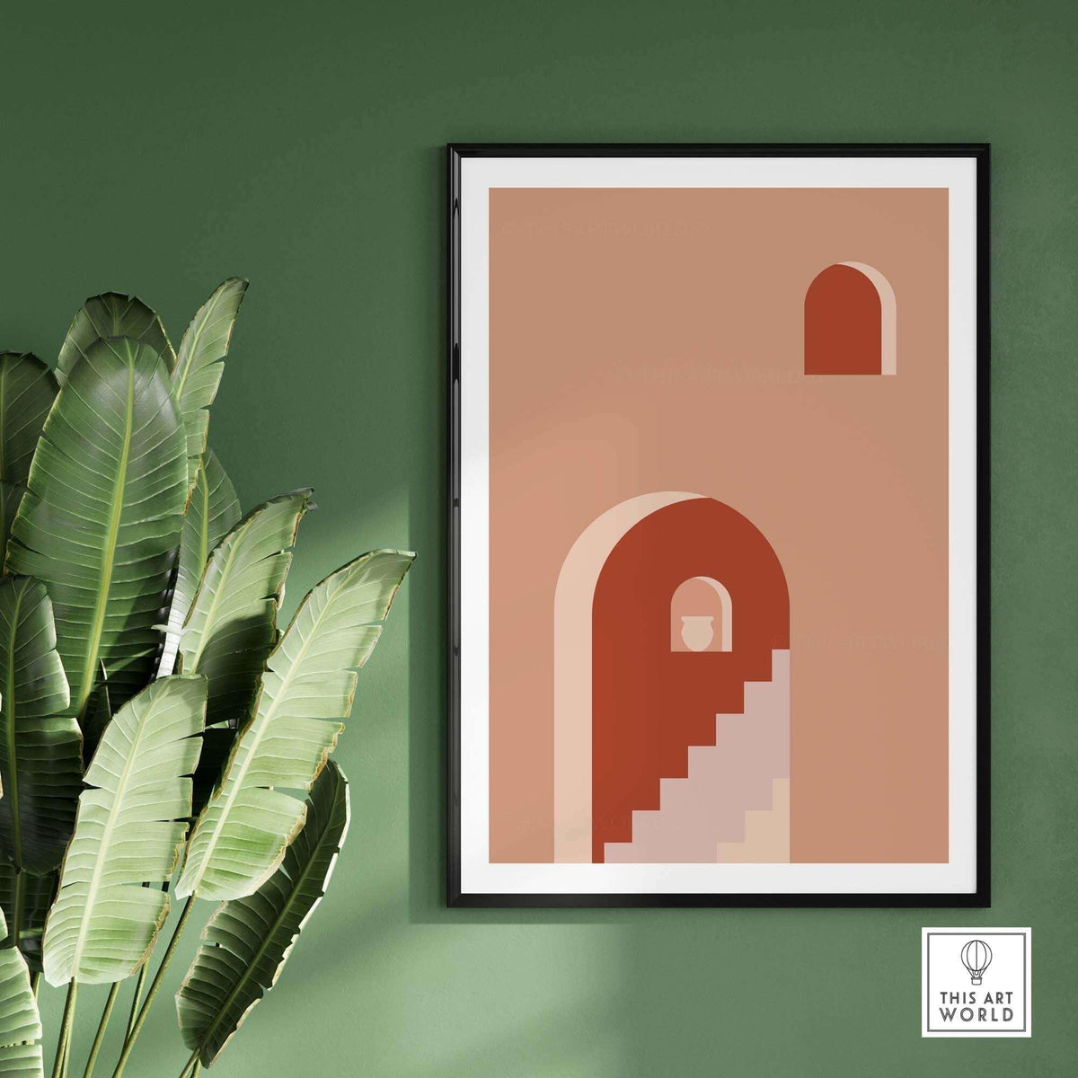 Stylish mid century print featuring an abstract stairway and arch, displayed in a modern framed design.