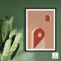 Stylish mid century print featuring an abstract stairway and arch, displayed in a modern framed design.