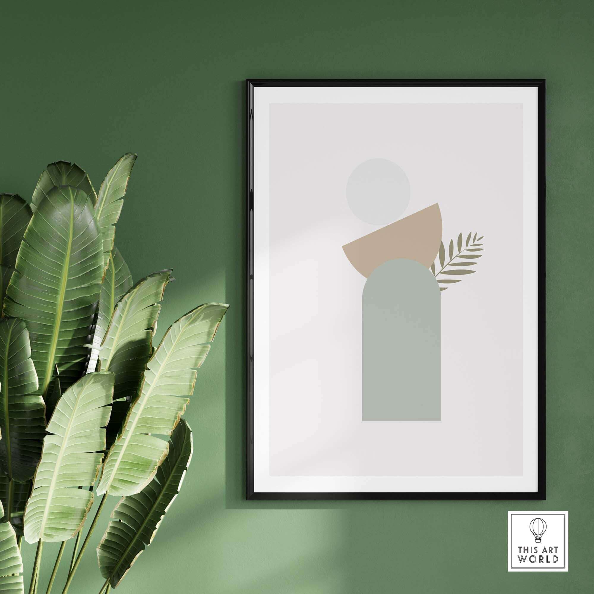 Abstract wall art featuring green and beige shapes with a leaf print, enhancing modern decor in any room.