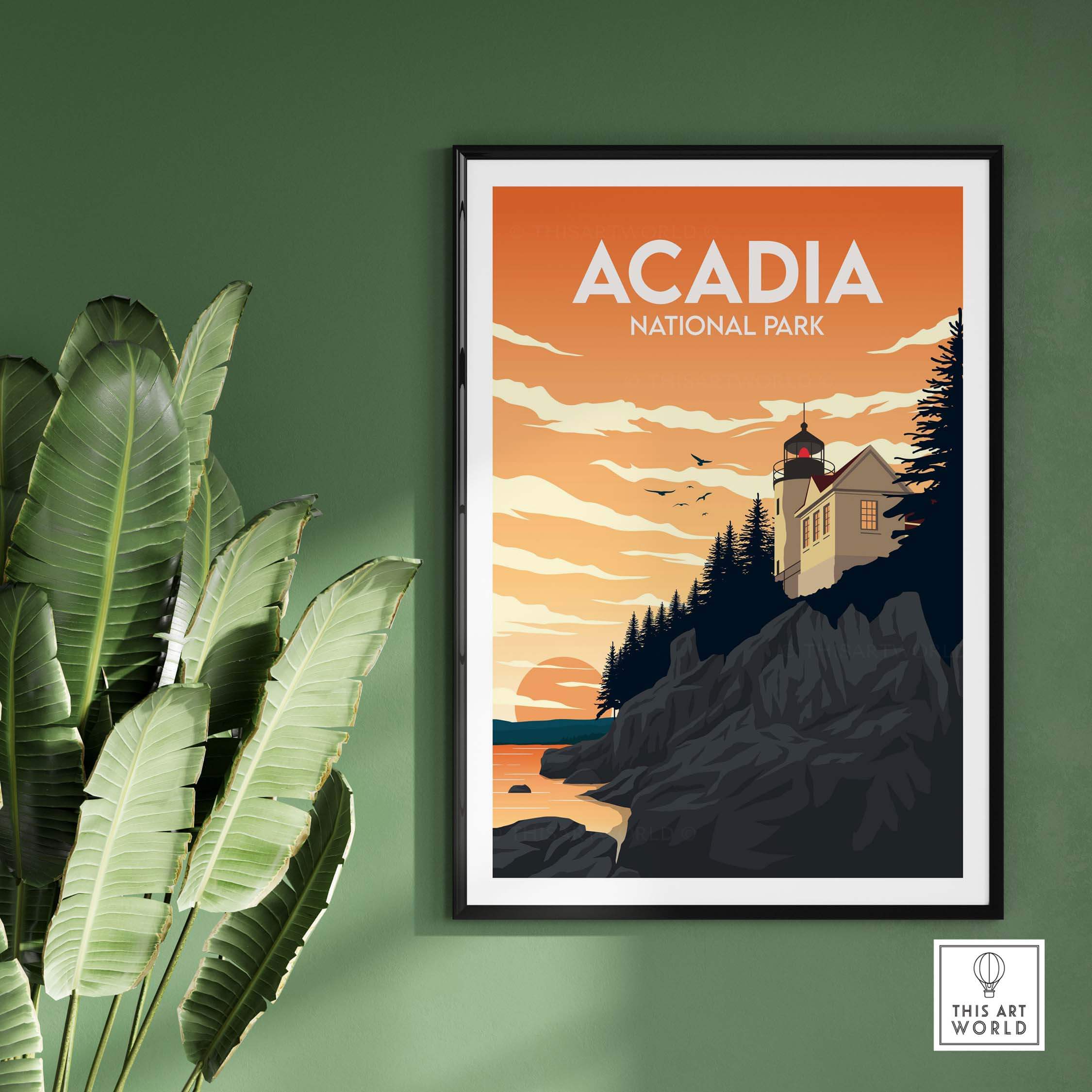 Acadia National Park wall art print framed on a green wall with plants, showcasing vintage travel poster design.