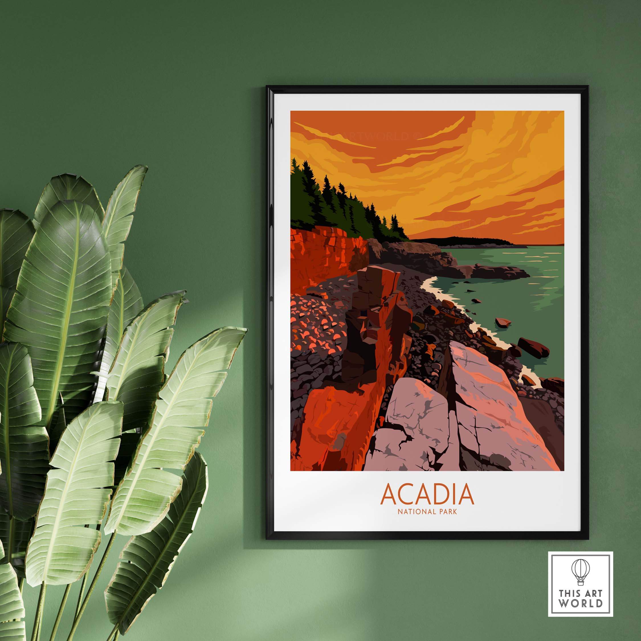 Acadia National Park wall art poster featuring vibrant sunset colors and coastal scenery on a stylish green wall.